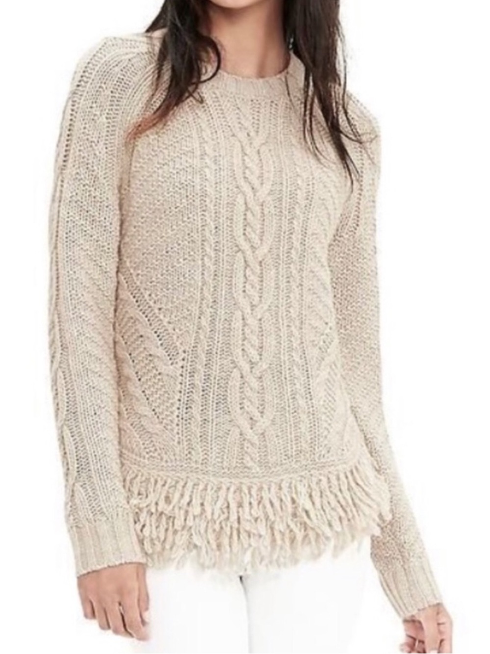 Banana Republic Ivory Cable-Knit Crewneck Sweater with Fringe Hem SZ S Preppy